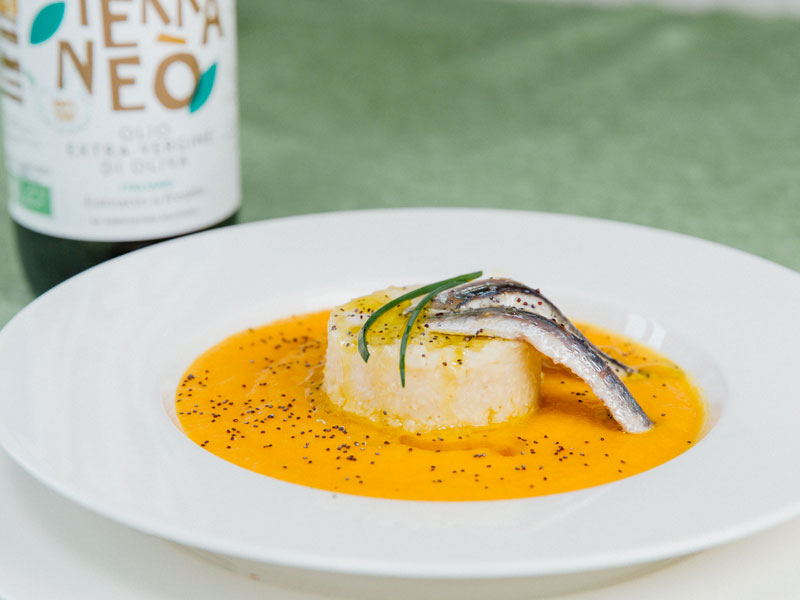 Tortino di miglio su Vellutata di zucca gialla