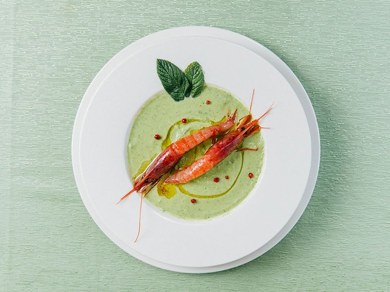 Vellutata di zucchine novelle con Gamberi rossi