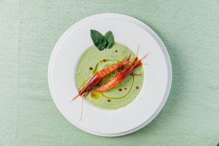 Vellutata di zucchine novelle con Gamberi rossi